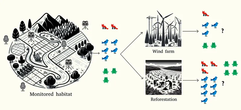 Automated habitat monitoring using acoustic and visual sensors to understand the effect that building a wind farm or planting a forest has on animal populations.