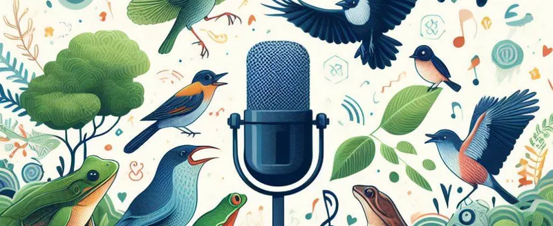 Banner image illustrating a diverse set of animals such as frogs and birds that are singing and vocalizing into a microphone at the center, with additional leaves and trees to illustrate a biodiverse environment.